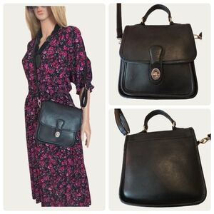 Vintage Smooth Black Leather Turn Lock Satchel with Replacement Vegan Strap